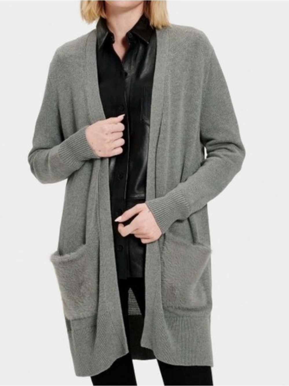 UGG Lauren Open Front Cardigan Gray Fuzzy Pocket Duster Sweater Size L Cozy Soft